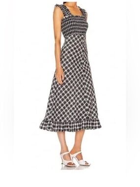 Ganni Black and White Plaid Smocked Midi Dress size 2